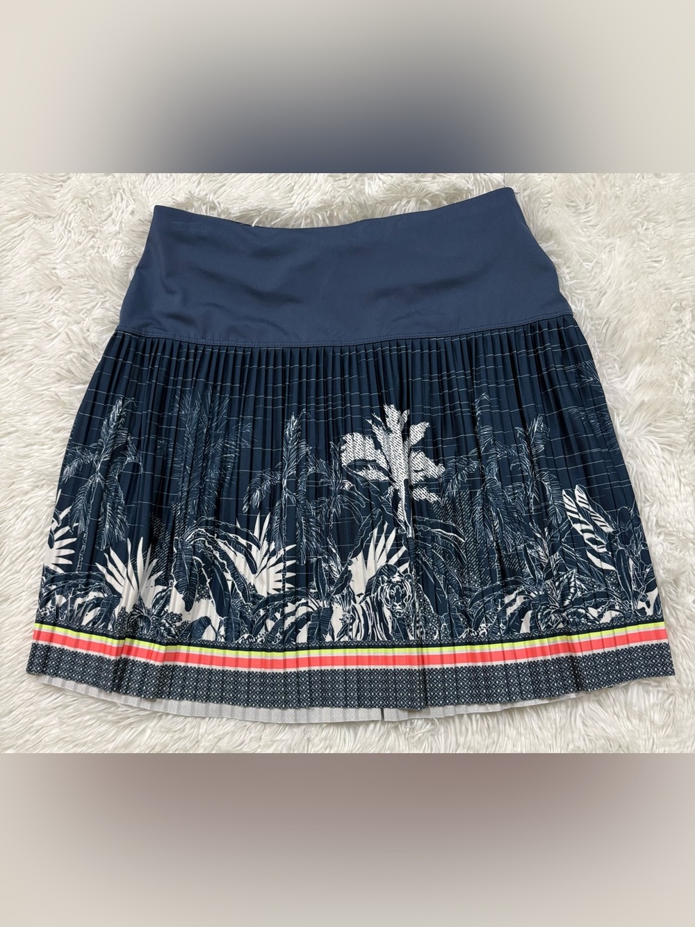 Lucky in Love Navy Tropical Pleated Skater Skirt with Accent Stripes